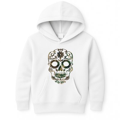 Military Camouflage Camo Dia De Los Muertos Sugar Skull Kids Hoodie