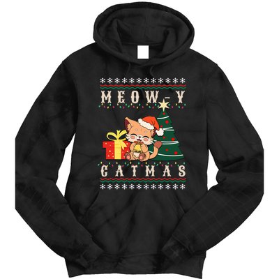 Meowy Catmas Cat Christmas Tree Xmas  Funny Santa  Tie Dye Hoodie