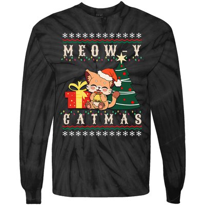 Meowy Catmas Cat Christmas Tree Xmas  Funny Santa  Tie-Dye Long Sleeve Shirt