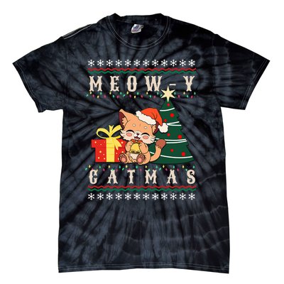 Meowy Catmas Cat Christmas Tree Xmas  Funny Santa  Tie-Dye T-Shirt