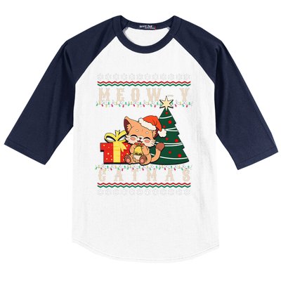 Meowy Catmas Cat Christmas Tree Xmas  Funny Santa  Baseball Sleeve Shirt