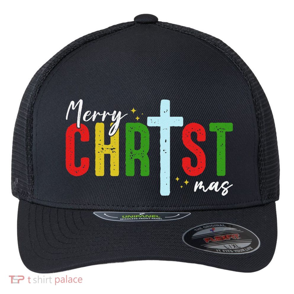 Merry Christmas Christian Jesus Cross Faith Religious Xmas Flexfit Unipanel Trucker Cap