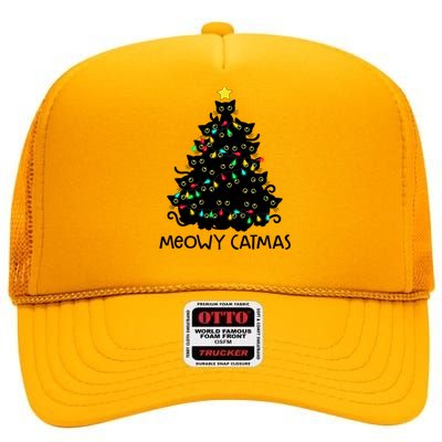 Merry Catmas Cat Christmas Tree Meowy Catmas Gift High Crown Mesh Back Trucker Hat