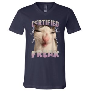 Meme Cat Certified Freak Eat Cement Cursed Cat Funny V-Neck T-Shirt