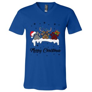 Merry Christmas Dog Paw Santa Hat Reindeer Horns Dog Lover Cute Gift V-Neck T-Shirt