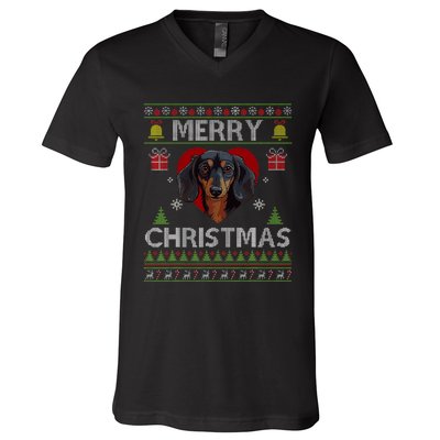 Merry Christmas Dachshund Dog Ugly Sweater Funny V-Neck T-Shirt