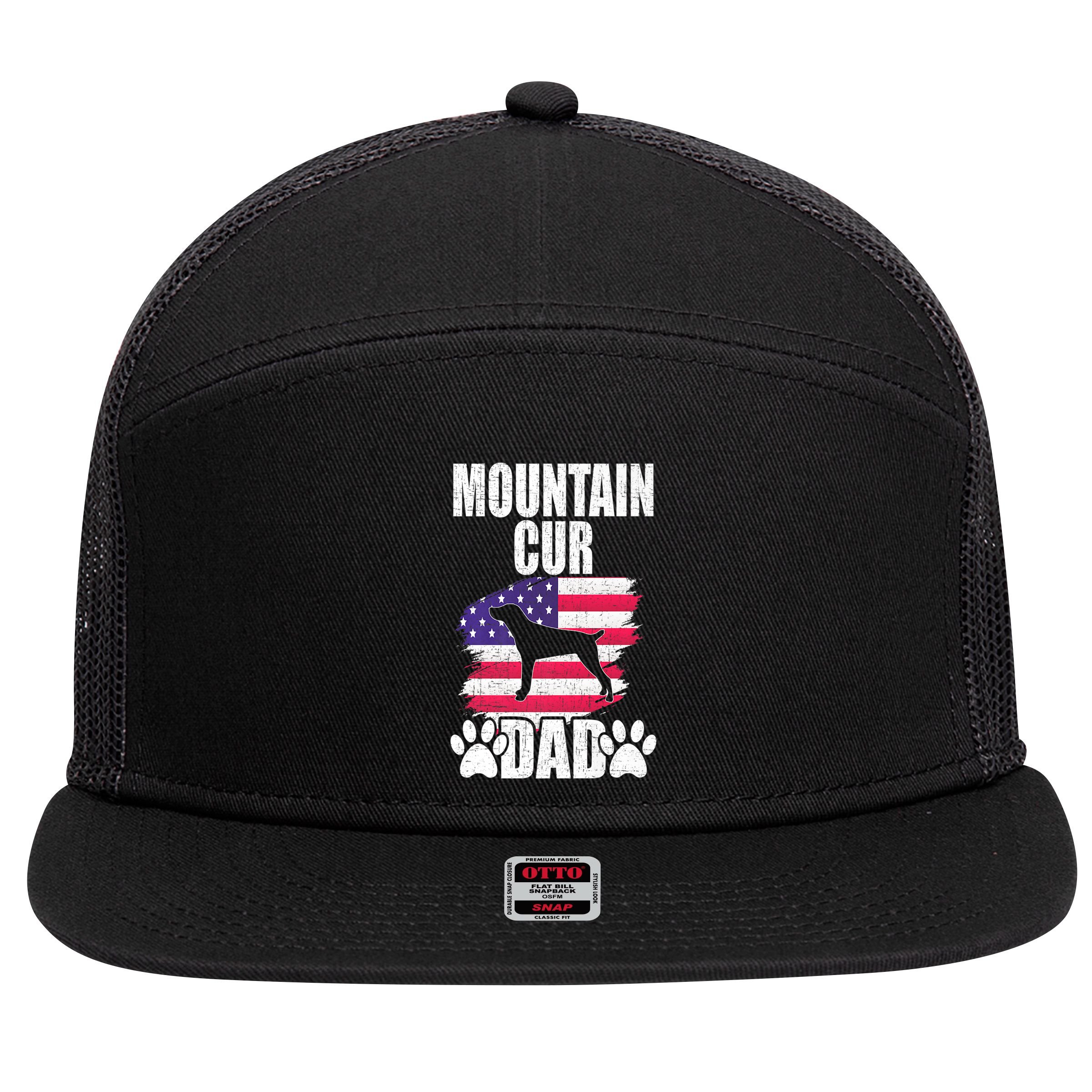 Mountain Cur Dad Dog Lover American Us Flag Premium 7 Panel Mesh Trucker Snapback Hat
