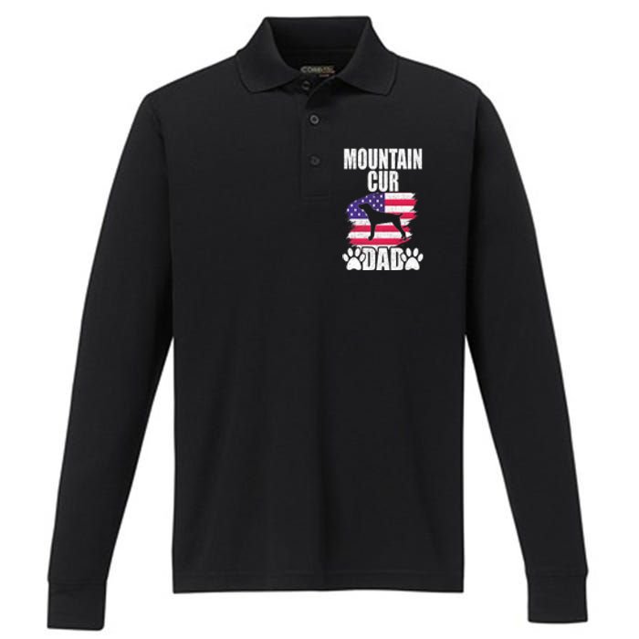 Mountain Cur Dad Dog Lover American Us Flag Premium Performance Long Sleeve Polo