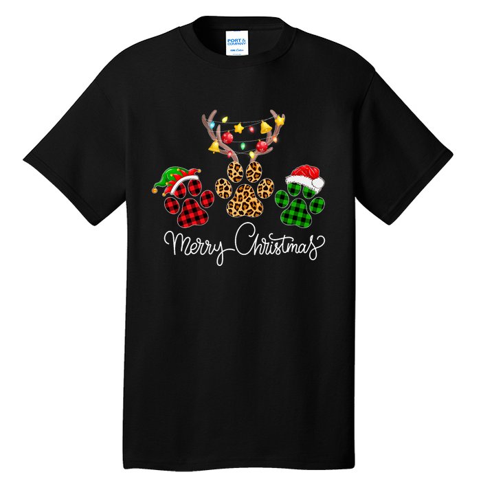 Merry Christmas Dog Paws Lights Buffalo Plaid & Leopard Xmas Tall T-Shirt