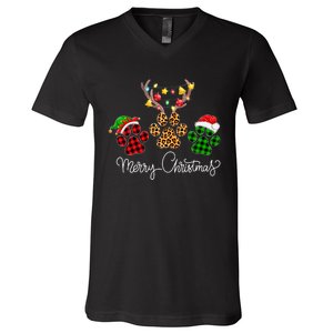 Merry Christmas Dog Paws Lights Buffalo Plaid & Leopard Xmas V-Neck T-Shirt