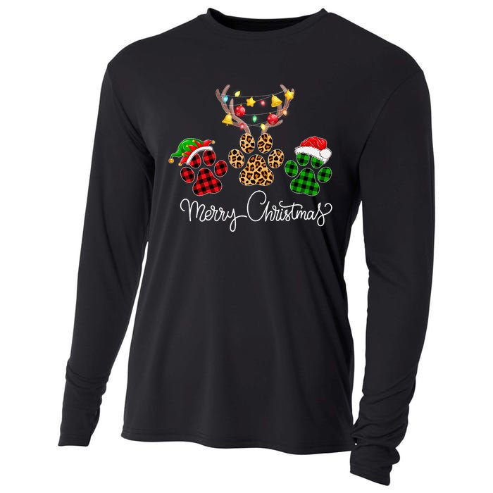 Merry Christmas Dog Paws Lights Buffalo Plaid & Leopard Xmas Cooling Performance Long Sleeve Crew