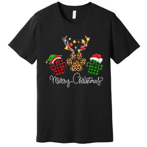 Merry Christmas Dog Paws Lights Buffalo Plaid & Leopard Xmas Premium T-Shirt