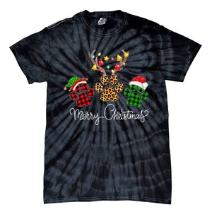 Merry Christmas Dog Paws Lights Buffalo Plaid & Leopard Xmas Tie-Dye T-Shirt