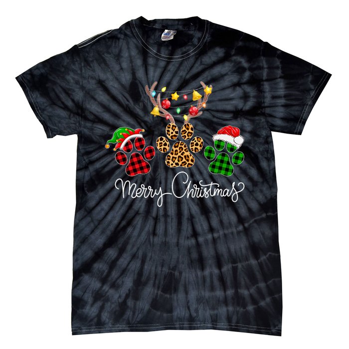 Merry Christmas Dog Paws Lights Buffalo Plaid & Leopard Xmas Tie-Dye T-Shirt