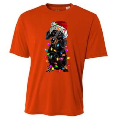 Merry Christmas Dachshund Santa Hat Lights Xmas Cute Gift Cooling Performance Crew T-Shirt