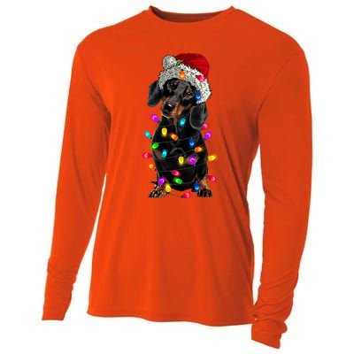 Merry Christmas Dachshund Santa Hat Lights Xmas Cute Gift Cooling Performance Long Sleeve Crew