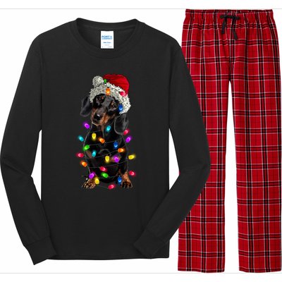 Merry Christmas Dachshund Santa Hat Lights Xmas Cute Gift Long Sleeve Pajama Set