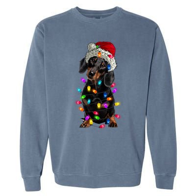 Merry Christmas Dachshund Santa Hat Lights Xmas Cute Gift Garment-Dyed Sweatshirt