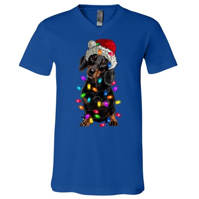 Merry Christmas Dachshund Santa Hat Lights Xmas Cute Gift V-Neck T-Shirt