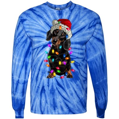 Merry Christmas Dachshund Santa Hat Lights Xmas Cute Gift Tie-Dye Long Sleeve Shirt