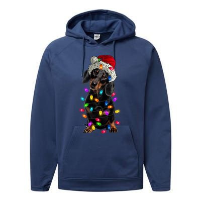 Merry Christmas Dachshund Santa Hat Lights Xmas Cute Gift Performance Fleece Hoodie