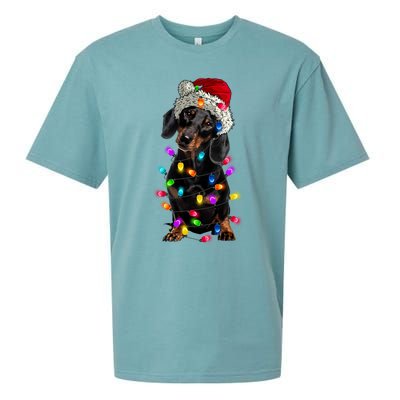 Merry Christmas Dachshund Santa Hat Lights Xmas Cute Gift Sueded Cloud Jersey T-Shirt