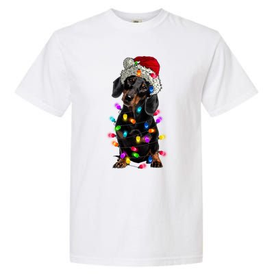 Merry Christmas Dachshund Santa Hat Lights Xmas Cute Gift Garment-Dyed Heavyweight T-Shirt