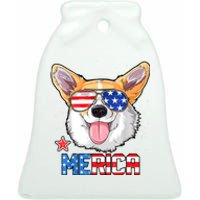 Merica Corgi Dog 4th Of July American Flag Ceramic Bell Ornament