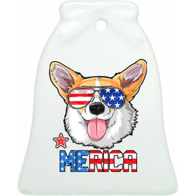 Merica Corgi Dog 4th Of July American Flag Ceramic Bell Ornament