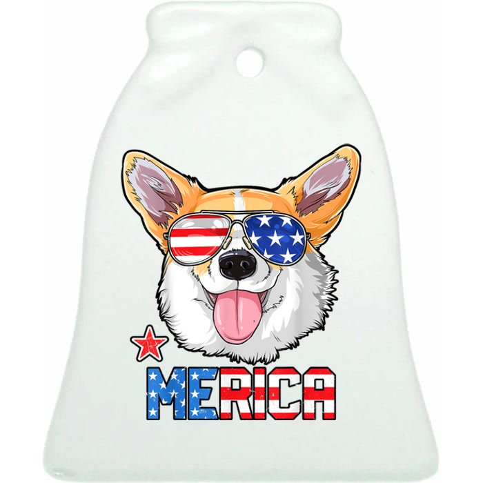 Merica Corgi Dog 4th Of July American Flag Ceramic Bell Ornament