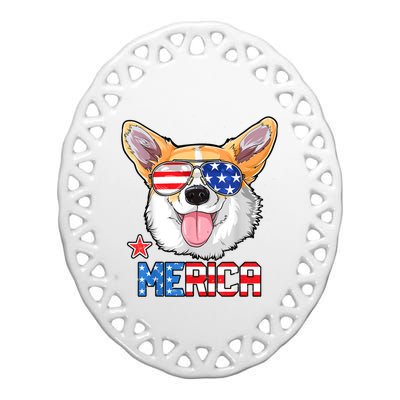 Merica Corgi Dog 4th Of July American Flag Ceramic Oval Ornament