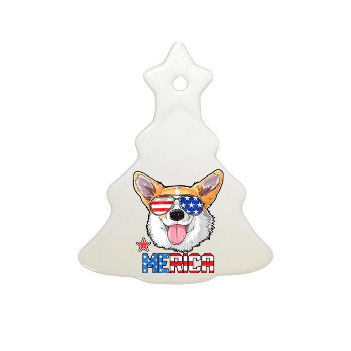 Merica Corgi Dog 4th Of July American Flag Ceramic Tree Ornament