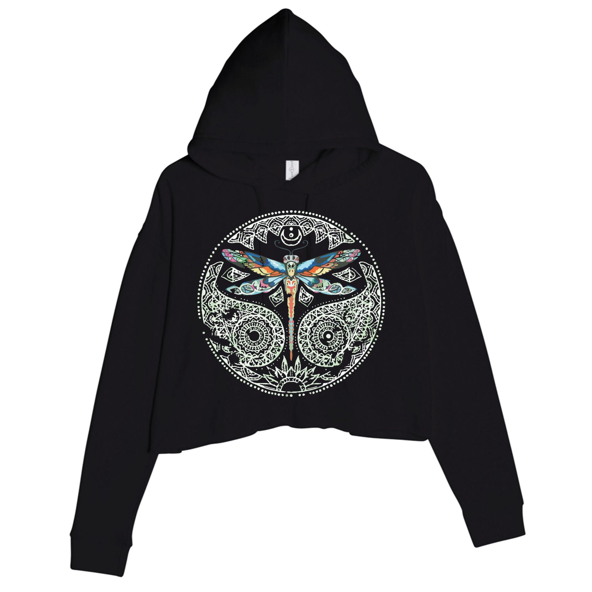 Magical Colorful Dragonfly Tribal Mandala Crop Fleece Hoodie
