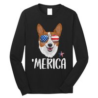 Merica Corgi Dog 4th Of July American Flag Long Sleeve Shirt