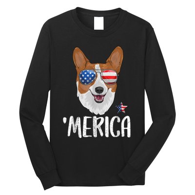 Merica Corgi Dog 4th Of July American Flag Long Sleeve Shirt