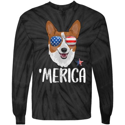 Merica Corgi Dog 4th Of July American Flag Tie-Dye Long Sleeve Shirt