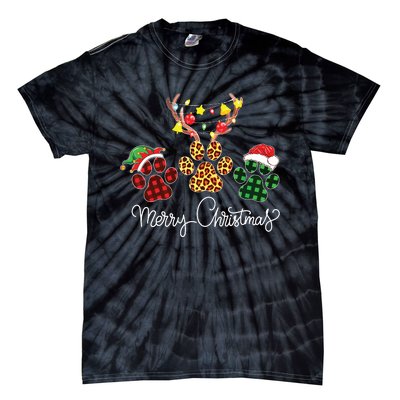 Merry Christmas Dog Paws Lights Buffalo Plaid Leopard Xmas Tie-Dye T-Shirt