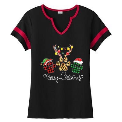 Merry Christmas Dog Paws Lights Buffalo Plaid Leopard Xmas Ladies Halftime Notch Neck Tee