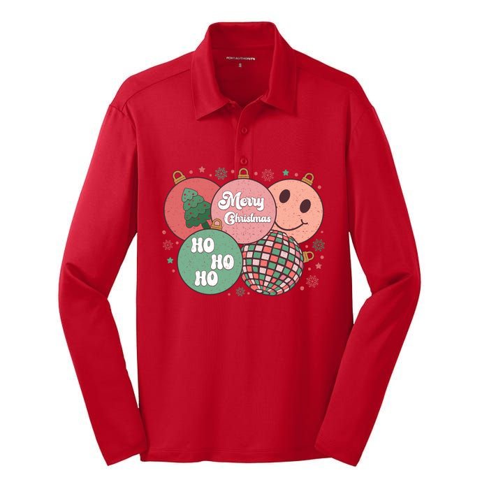 Merry Christmas Disco Ball Ho Ho Ho Silk Touch Performance Long Sleeve Polo