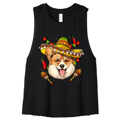 Mexico Cinco De Mayo Corgi Dog Lover Sombrero Mexican Party Women's Racerback Cropped Tank