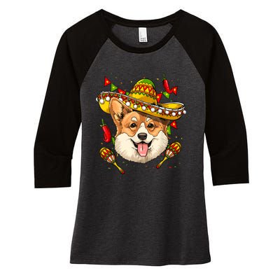 Mexico Cinco De Mayo Corgi Dog Lover Sombrero Mexican Party Women's Tri-Blend 3/4-Sleeve Raglan Shirt