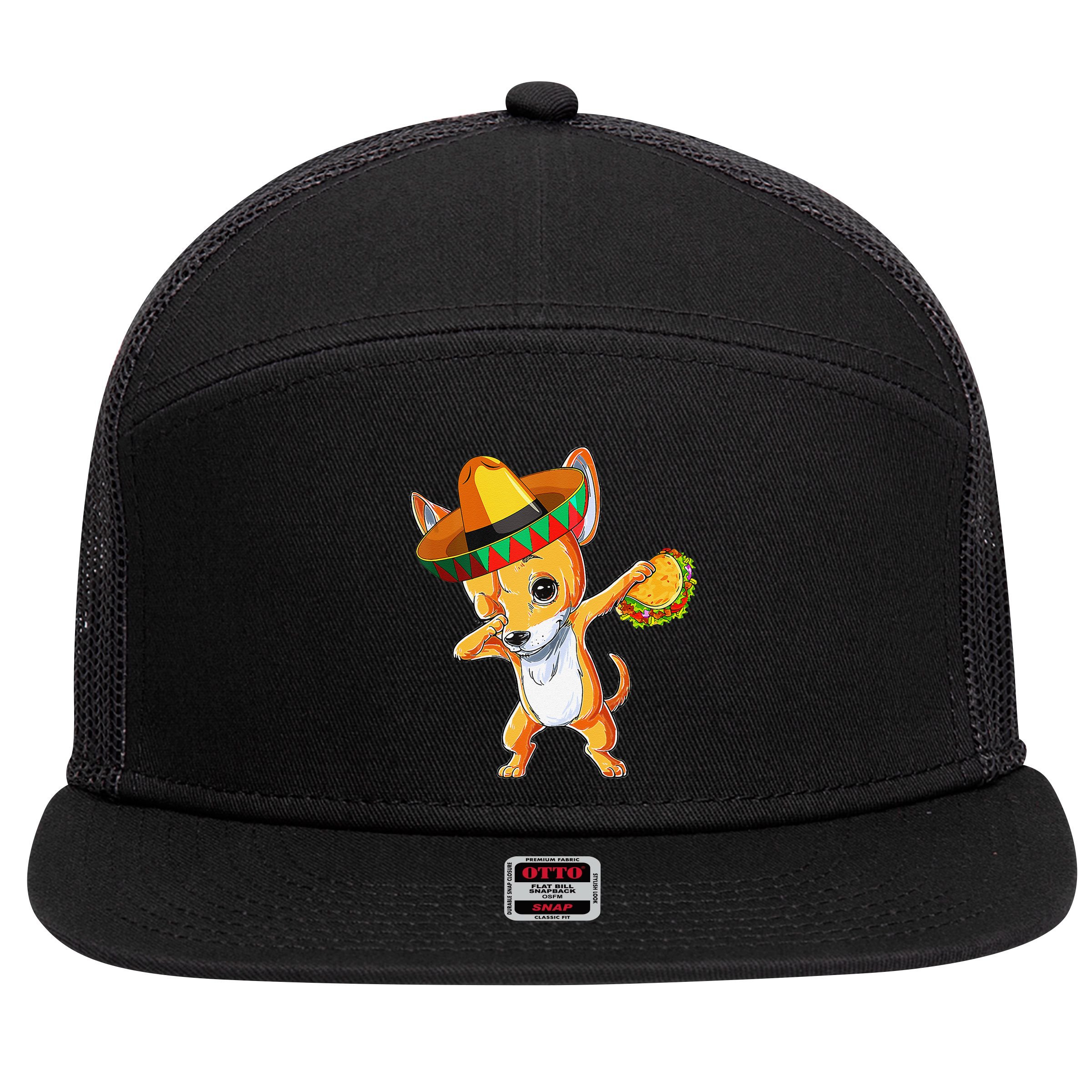 Mexican Chihuahua Dog Dabbing Sombrero Taco Cinco De Mayo 7 Panel Mesh Trucker Snapback Hat