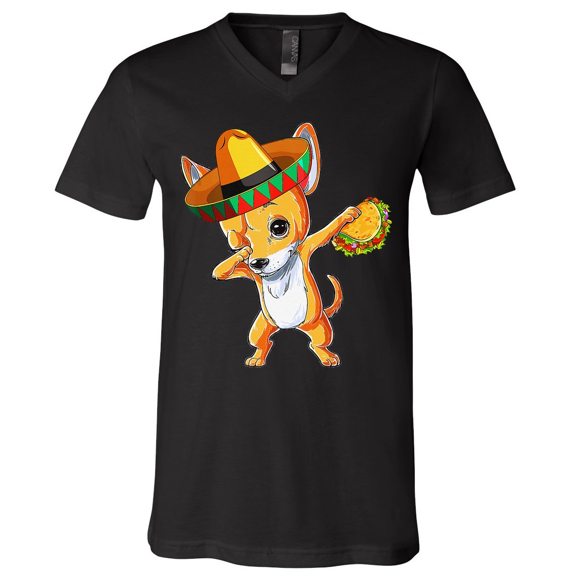 Mexican Chihuahua Dog Dabbing Sombrero Taco Cinco De Mayo V-Neck T-Shirt
