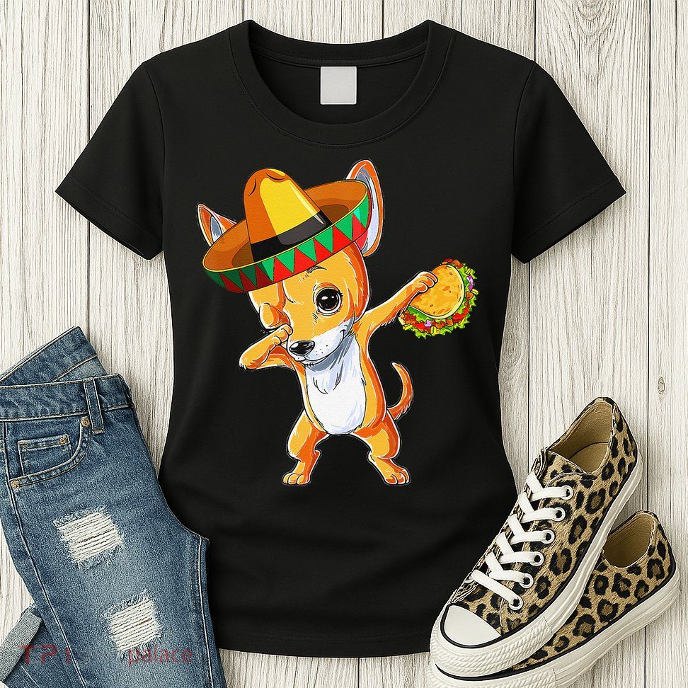 Mexican Chihuahua Dog Dabbing Sombrero Taco Cinco De Mayo Womens T-Shirt