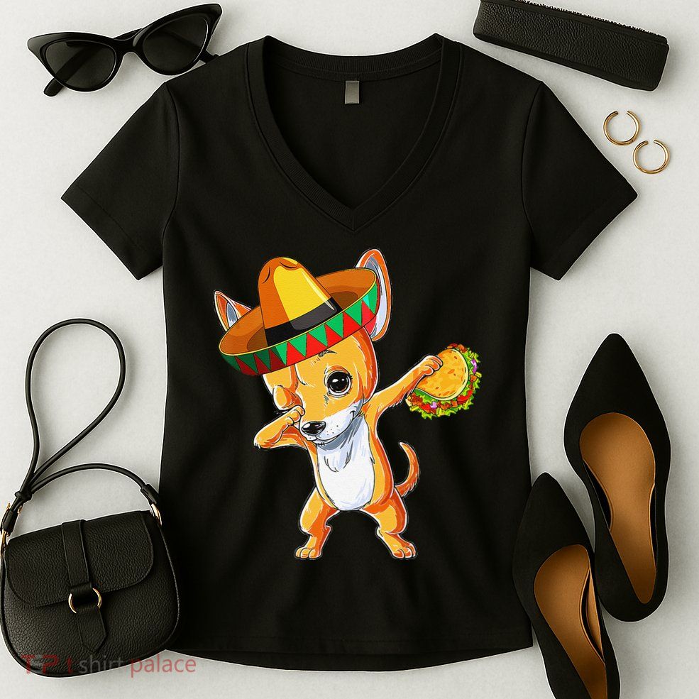 Mexican Chihuahua Dog Dabbing Sombrero Taco Cinco De Mayo Women's V-Neck T-Shirt