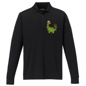 Merry Christmas Dinosaur With Santa Hat Performance Long Sleeve Polo