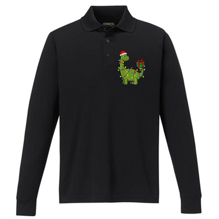 Merry Christmas Dinosaur With Santa Hat Performance Long Sleeve Polo