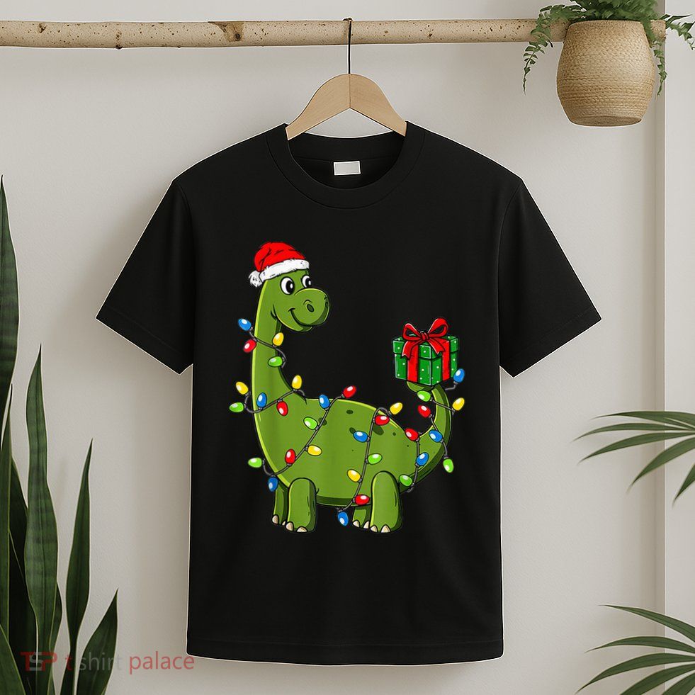Merry Christmas Dinosaur With Santa Hat T-Shirt