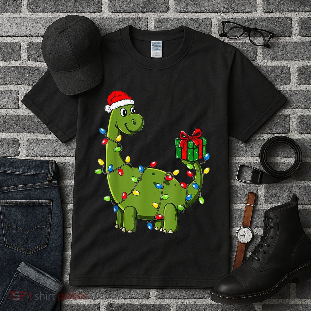 Merry Christmas Dinosaur With Santa Hat Tall T-Shirt
