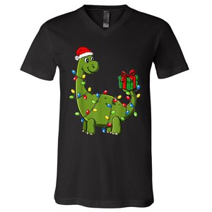 Merry Christmas Dinosaur With Santa Hat V-Neck T-Shirt